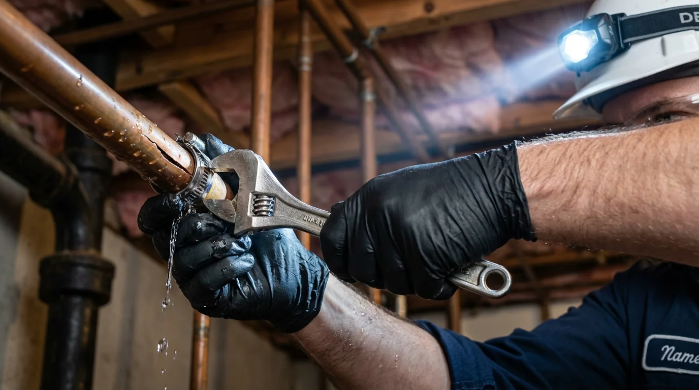 Emergency pipe clamp repair being performed by a Johns Plumbing LLC plumber in Macy